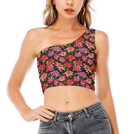 Polka Dot Lily Pattern Print One Shoulder Crop Top