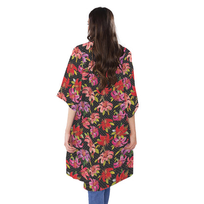 Polka Dot Lily Pattern Print Open Front Beach Cover Up