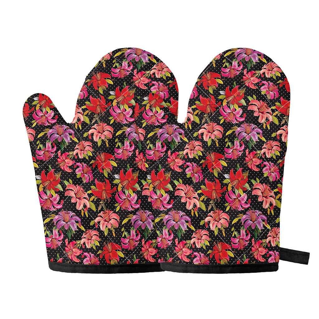 Polka Dot Lily Pattern Print Oven Mitts