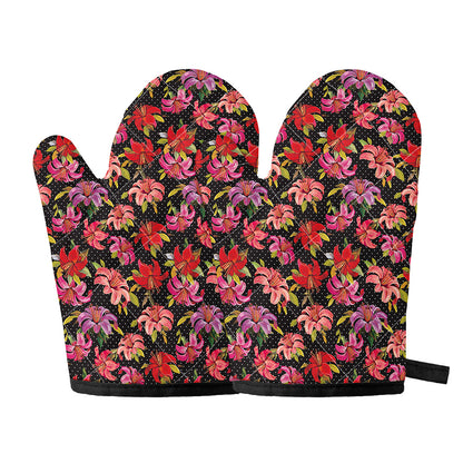 Polka Dot Lily Pattern Print Oven Mitts