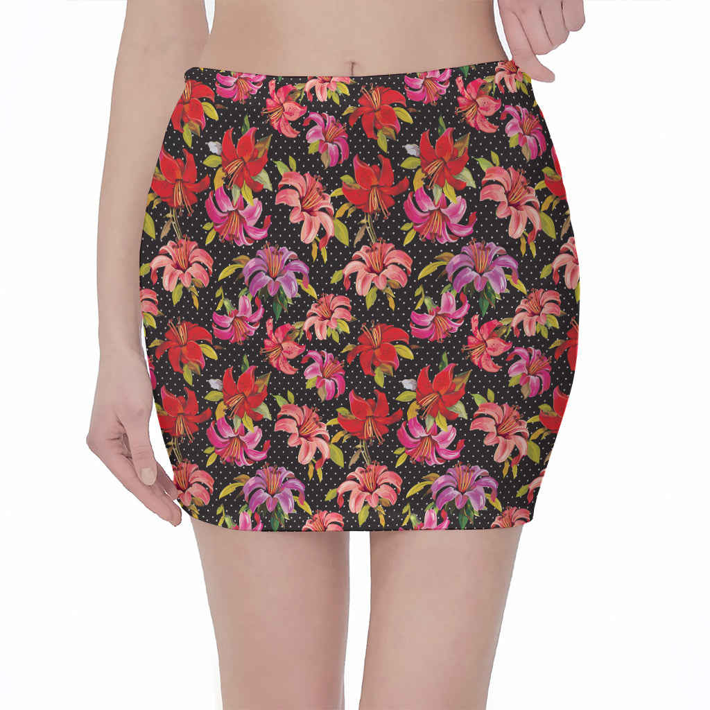 Polka Dot Lily Pattern Print Pencil Mini Skirt