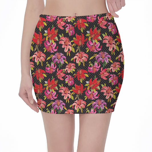 Polka Dot Lily Pattern Print Pencil Mini Skirt