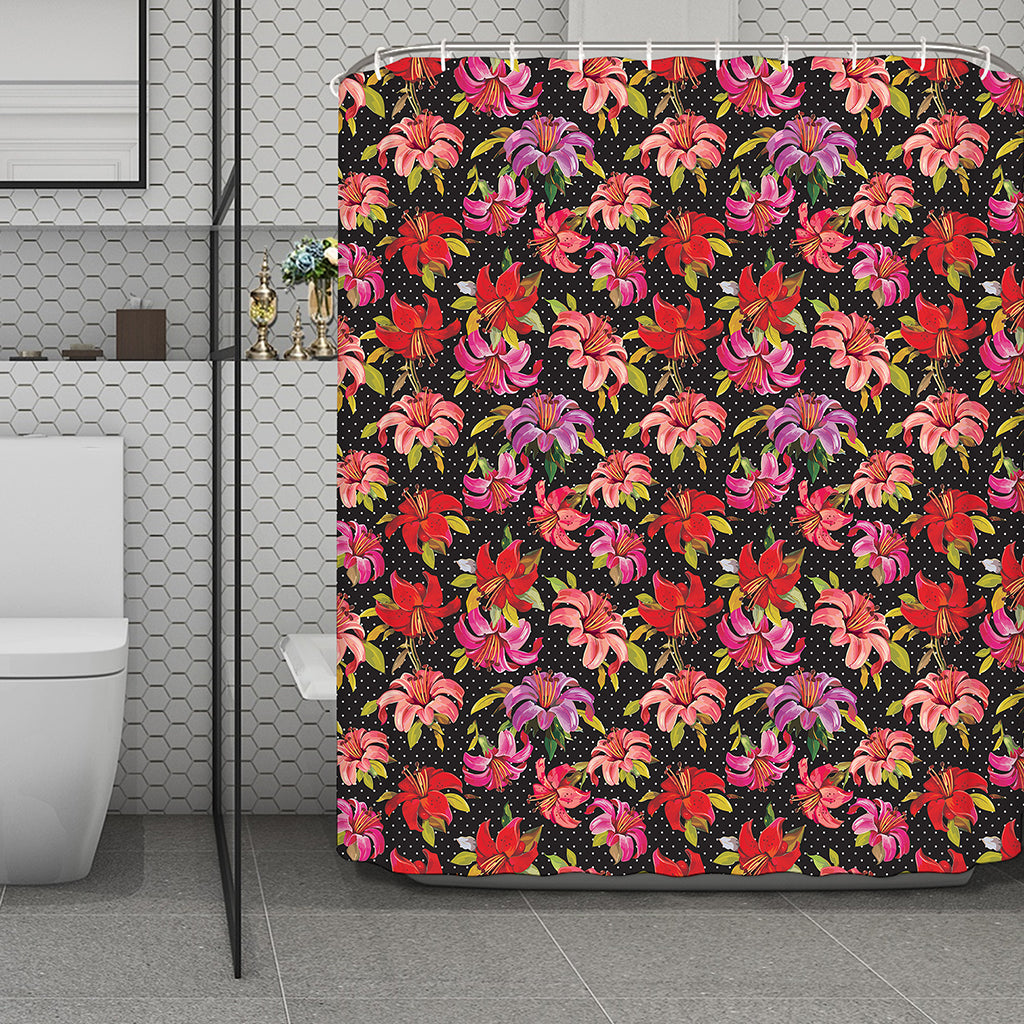 Polka Dot Lily Pattern Print Polyester Shower Curtain