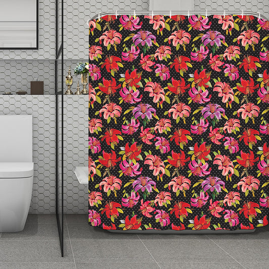 Polka Dot Lily Pattern Print Polyester Shower Curtain