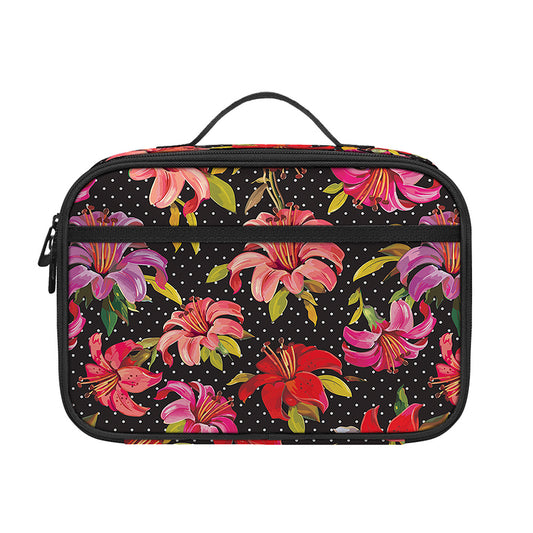 Polka Dot Lily Pattern Print Portable Lunch Bag