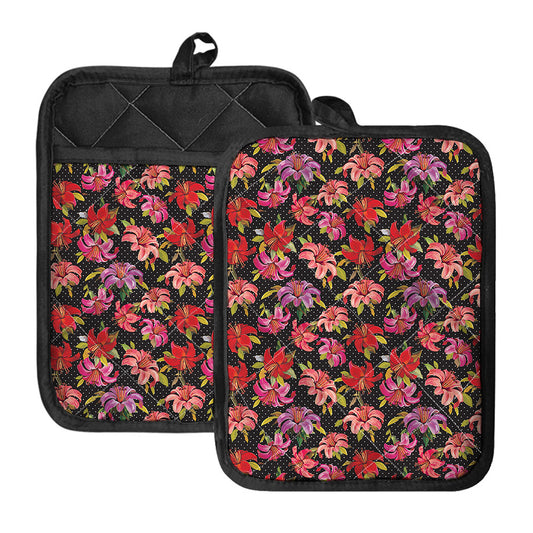 Polka Dot Lily Pattern Print Pot Holders With Pocket