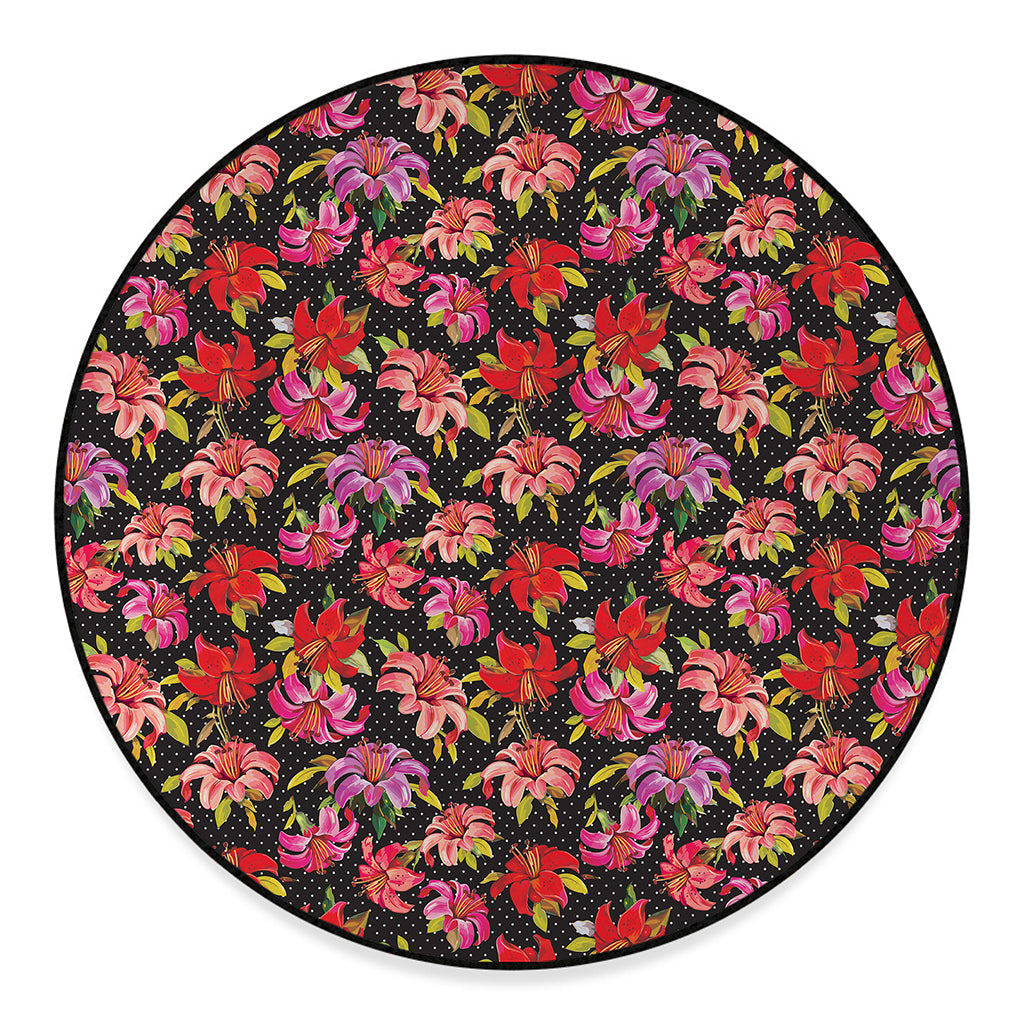 Polka Dot Lily Pattern Print Round Floor Mat