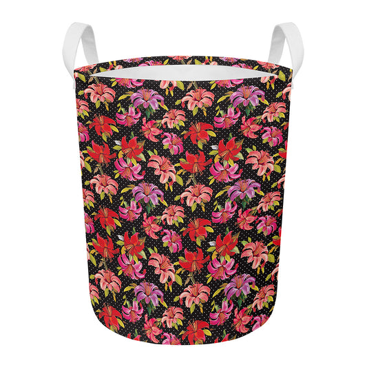 Polka Dot Lily Pattern Print Round Laundry Basket