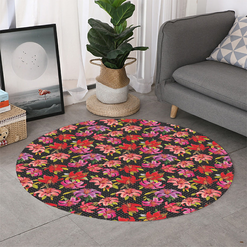 Polka Dot Lily Pattern Print Round Rug