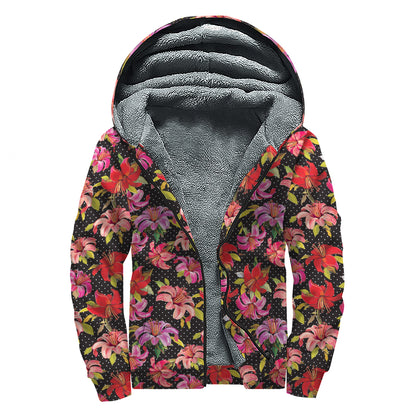Polka Dot Lily Pattern Print Sherpa Lined Zip Up Hoodie