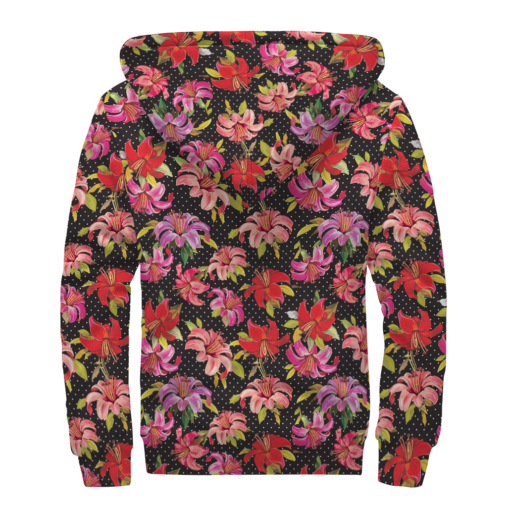 Polka Dot Lily Pattern Print Sherpa Lined Zip Up Hoodie