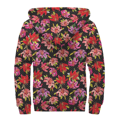 Polka Dot Lily Pattern Print Sherpa Lined Zip Up Hoodie