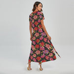 Polka Dot Lily Pattern Print Short Sleeve Maxi Dress