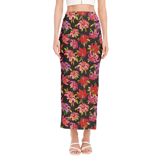 Polka Dot Lily Pattern Print Side Slit Maxi Skirt
