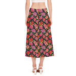 Polka Dot Lily Pattern Print Side Slit Midi Skirt