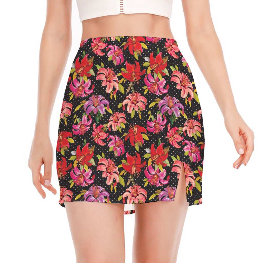 Polka Dot Lily Pattern Print Side Slit Mini Skirt
