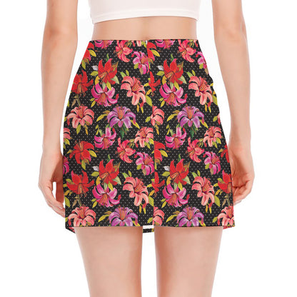 Polka Dot Lily Pattern Print Side Slit Mini Skirt