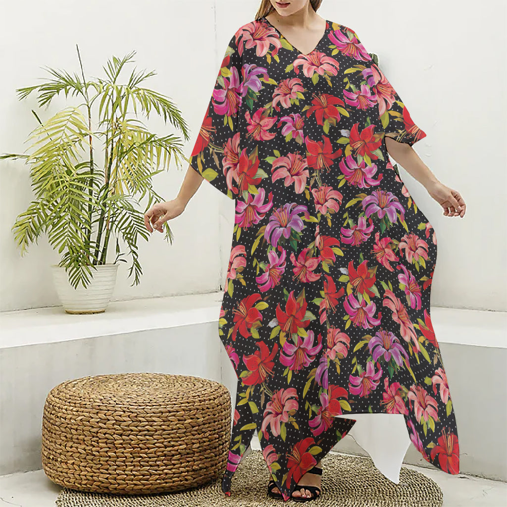 Polka Dot Lily Pattern Print Silk V-Neck Kaftan Dress