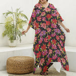 Polka Dot Lily Pattern Print Silk V-Neck Kaftan Dress