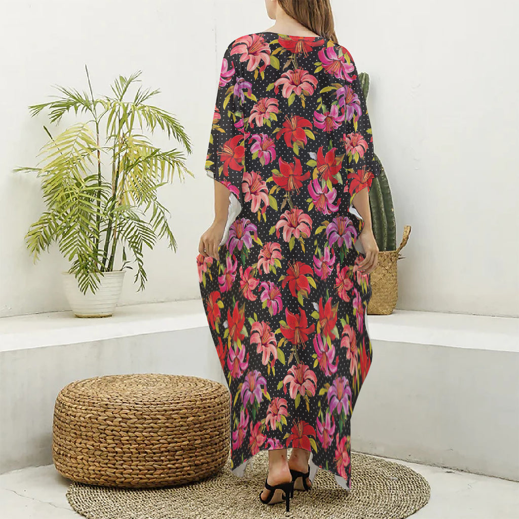 Polka Dot Lily Pattern Print Silk V-Neck Kaftan Dress