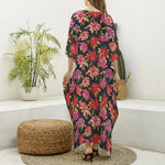 Polka Dot Lily Pattern Print Silk V-Neck Kaftan Dress