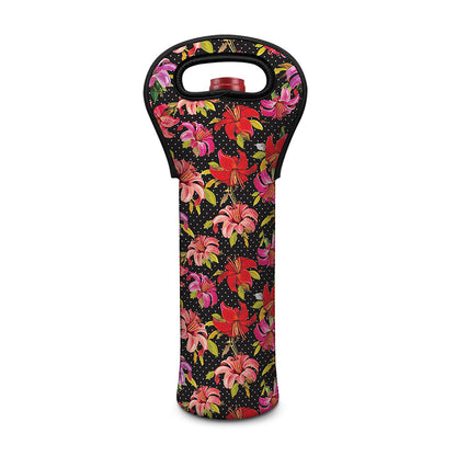 Polka Dot Lily Pattern Print Single Neoprene Wine Tote