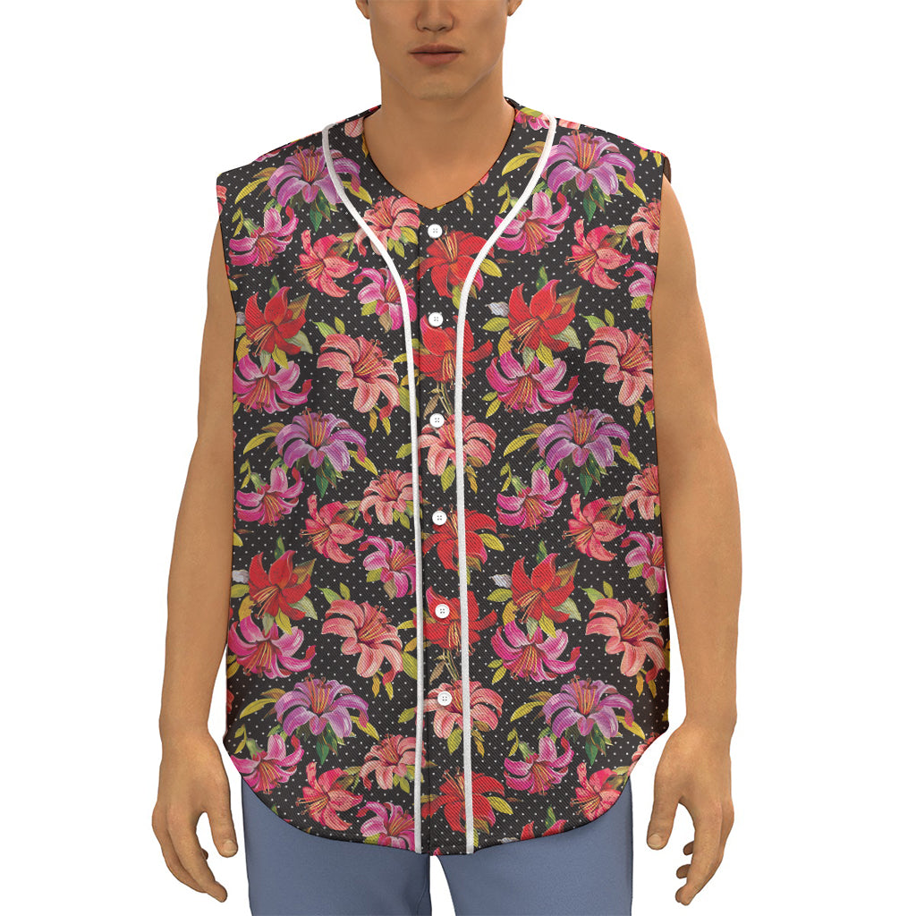 Polka Dot Lily Pattern Print Sleeveless Baseball Jersey