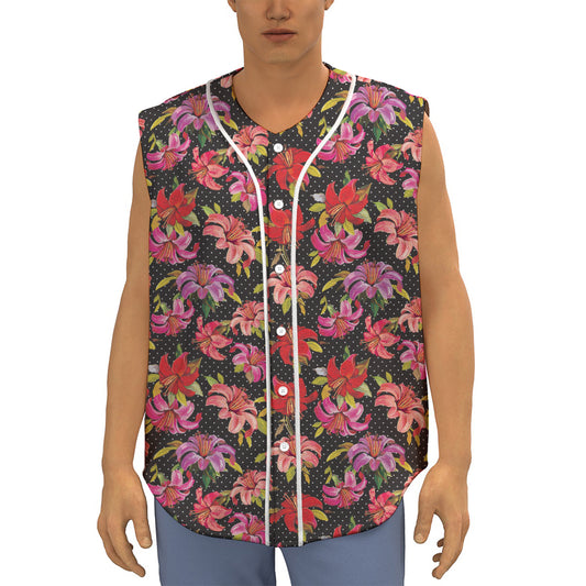 Polka Dot Lily Pattern Print Sleeveless Baseball Jersey