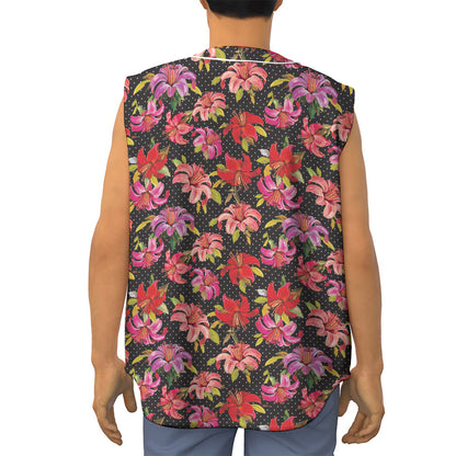 Polka Dot Lily Pattern Print Sleeveless Baseball Jersey