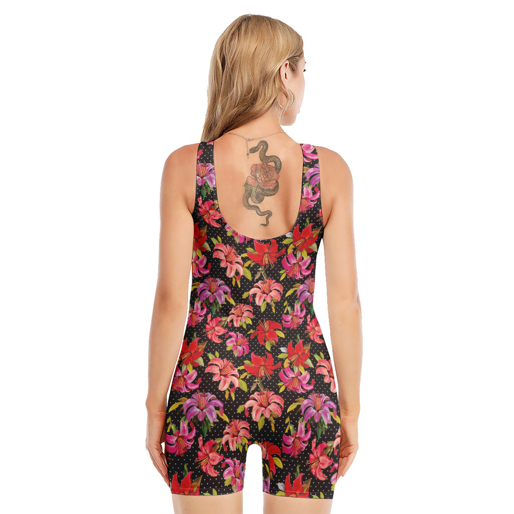 Polka Dot Lily Pattern Print Sleeveless One Piece Swimsuit