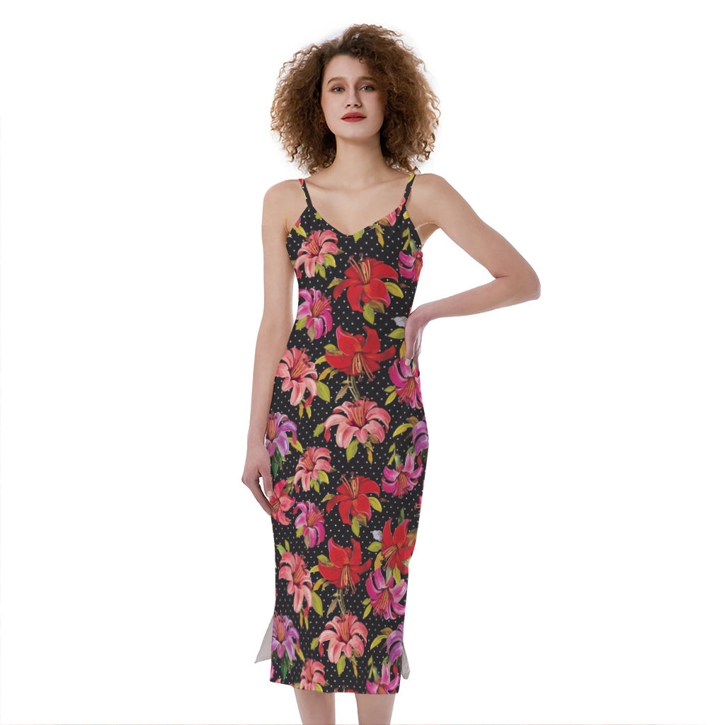 Polka Dot Lily Pattern Print Slim Fit Midi Cami Dress