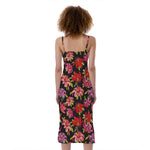 Polka Dot Lily Pattern Print Slim Fit Midi Cami Dress