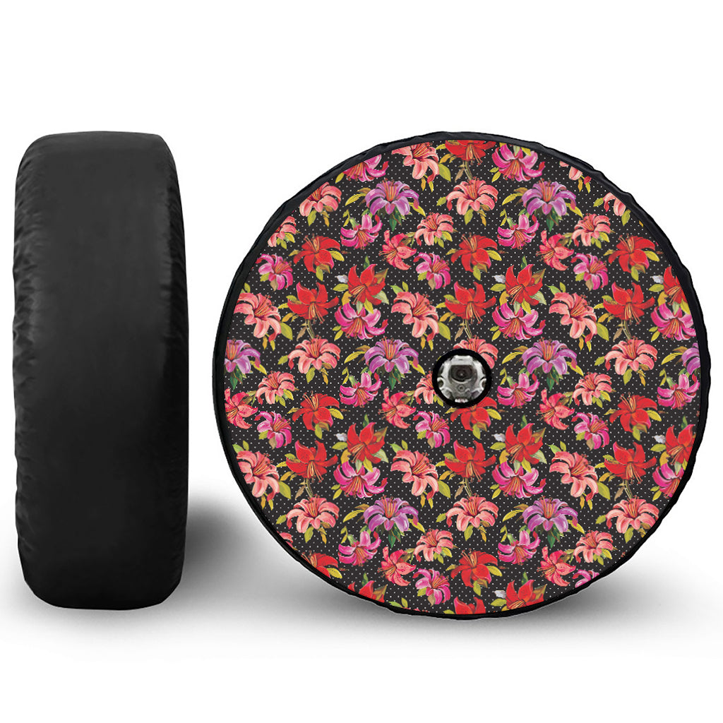 Polka Dot Lily Pattern Print Tire Cover With Camera Hole