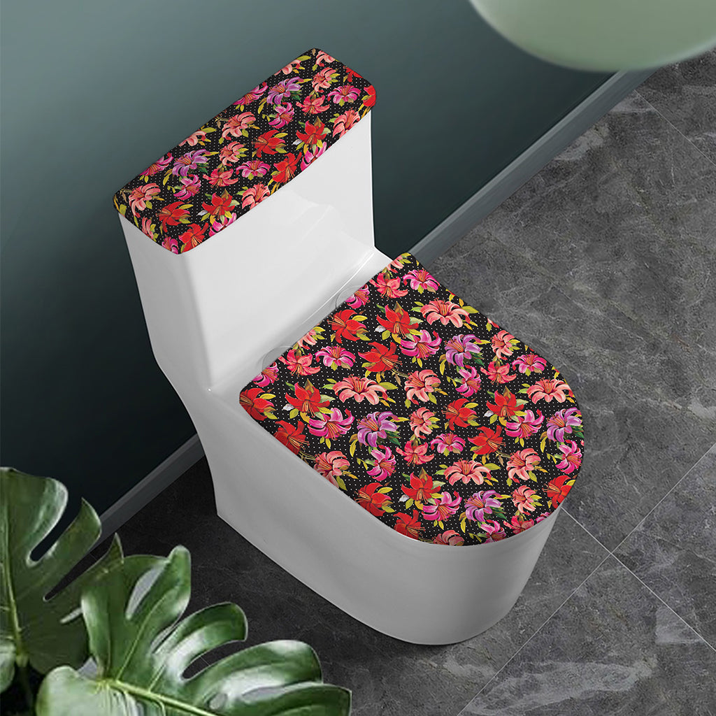 Polka Dot Lily Pattern Print Toilet Lid And Tank Cover Set