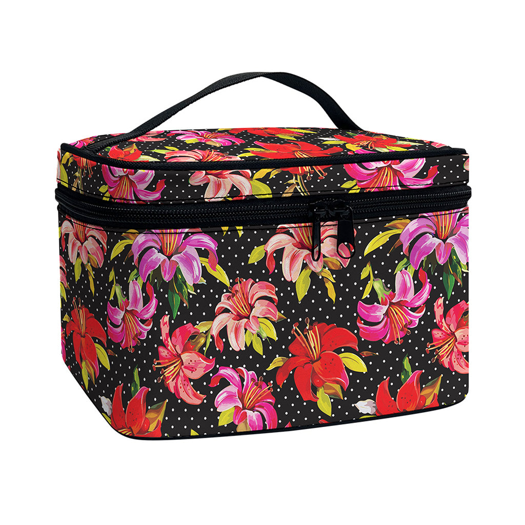 Polka Dot Lily Pattern Print Travel Makeup Bag