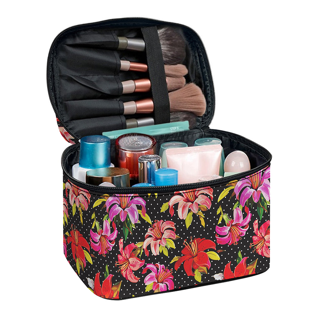 Polka Dot Lily Pattern Print Travel Makeup Bag