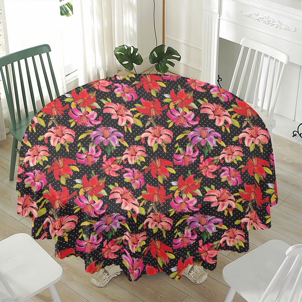 Polka Dot Lily Pattern Print Waterproof Round Tablecloth