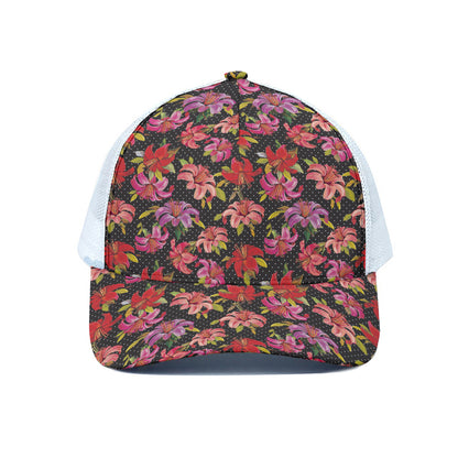 Polka Dot Lily Pattern Print White Mesh Trucker Cap