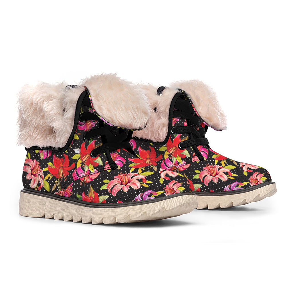 Polka Dot Lily Pattern Print Winter Boots
