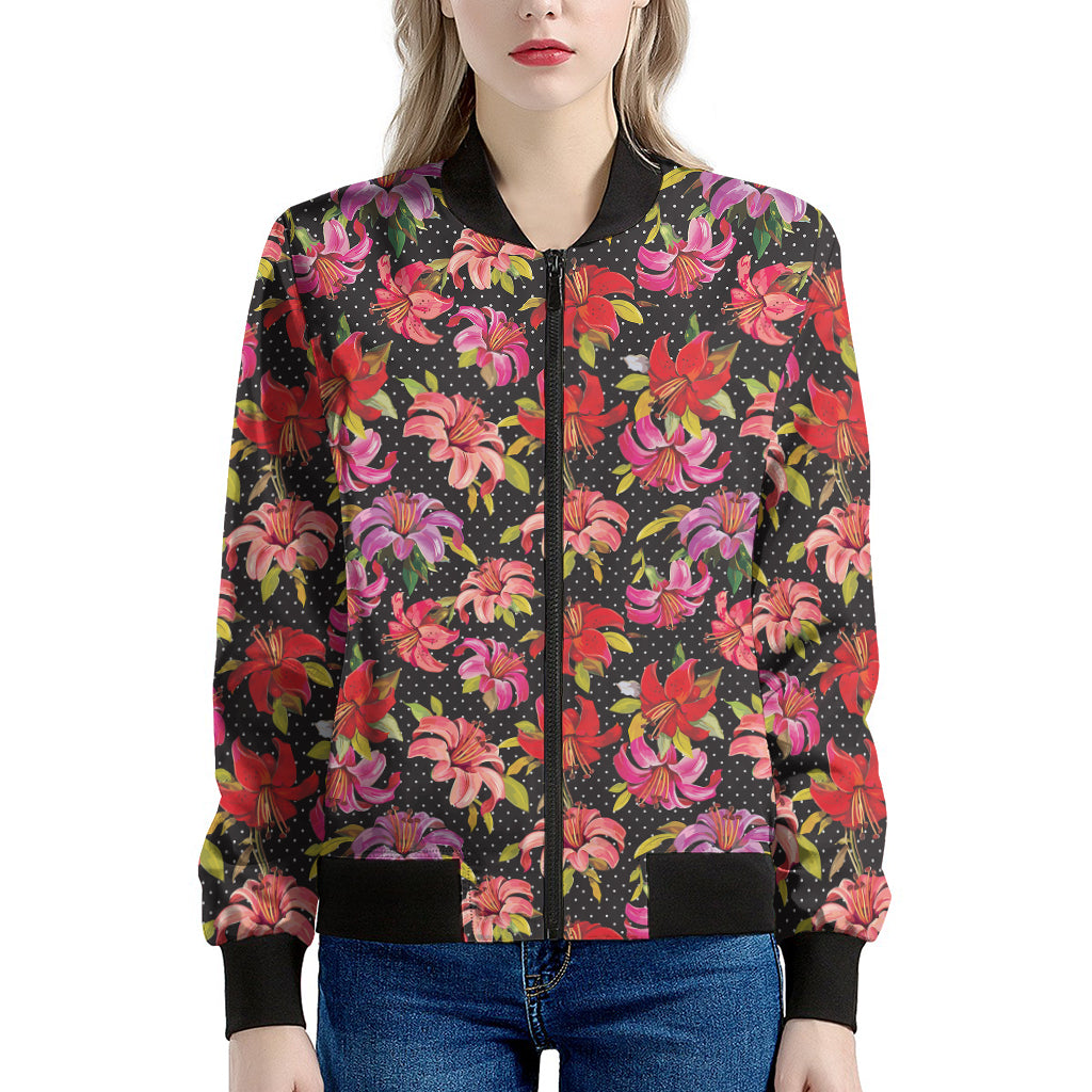 Polka Dot Lily Pattern Print Women's Bomber Jacket