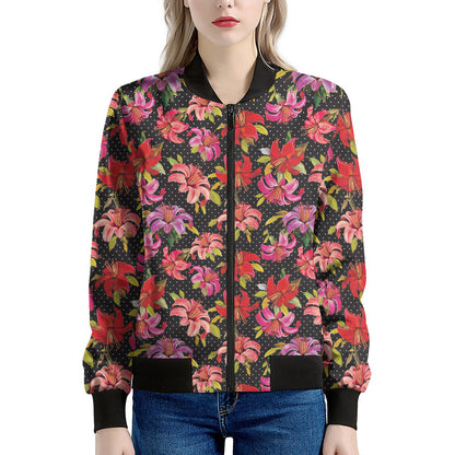 Polka Dot Lily Pattern Print Women's Bomber Jacket