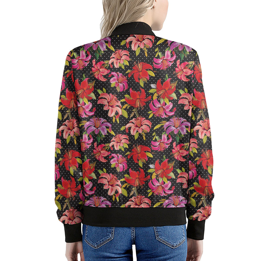 Polka Dot Lily Pattern Print Women's Bomber Jacket