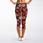 Polka Dot Lily Pattern Print Women's Capri Leggings