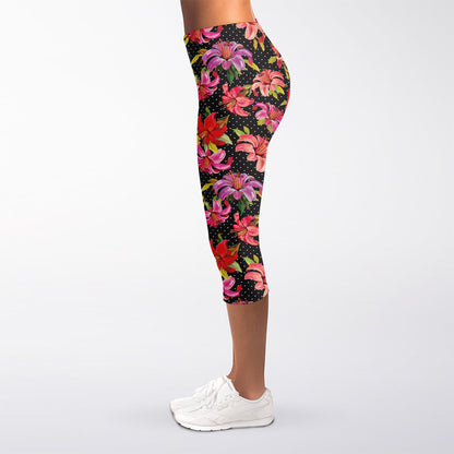Polka Dot Lily Pattern Print Women's Capri Leggings