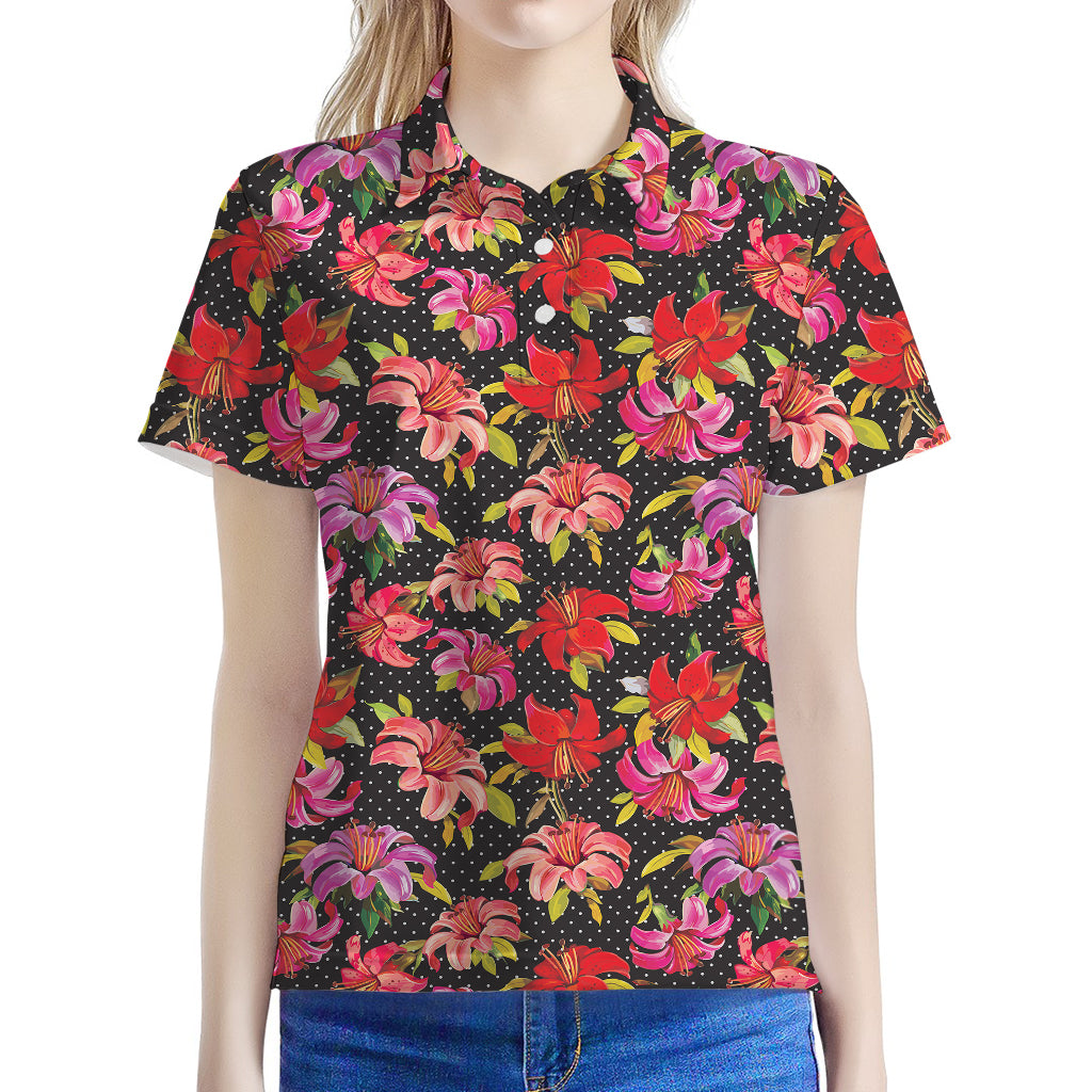Polka Dot Lily Pattern Print Women's Polo Shirt