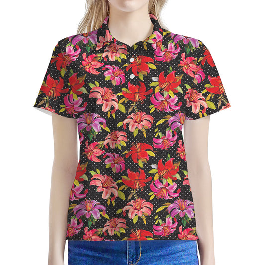 Polka Dot Lily Pattern Print Women's Polo Shirt