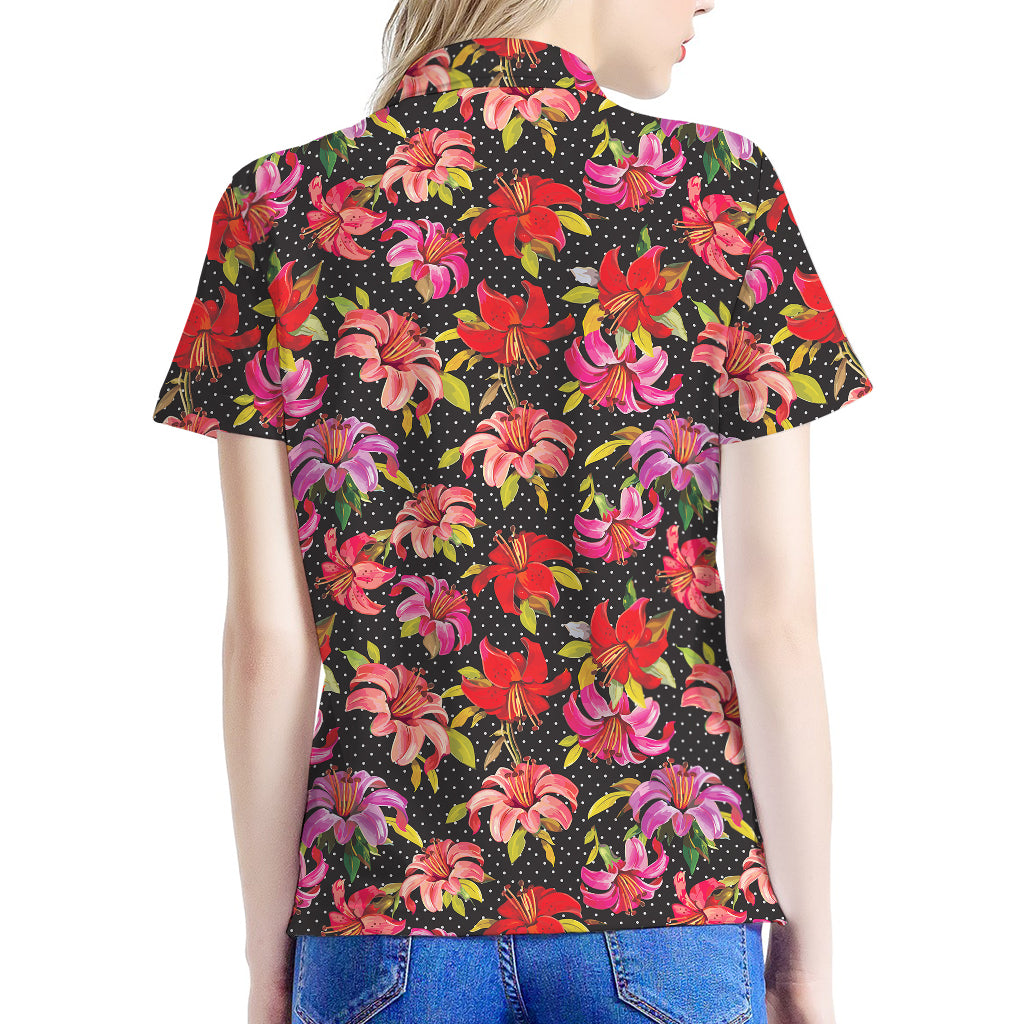 Polka Dot Lily Pattern Print Women's Polo Shirt