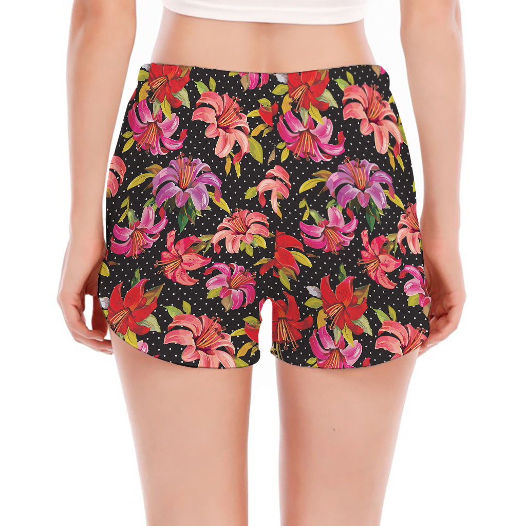 Polka Dot Lily Pattern Print Women's Split Running Shorts