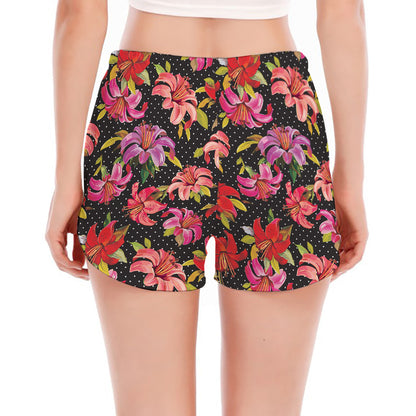 Polka Dot Lily Pattern Print Women's Split Running Shorts