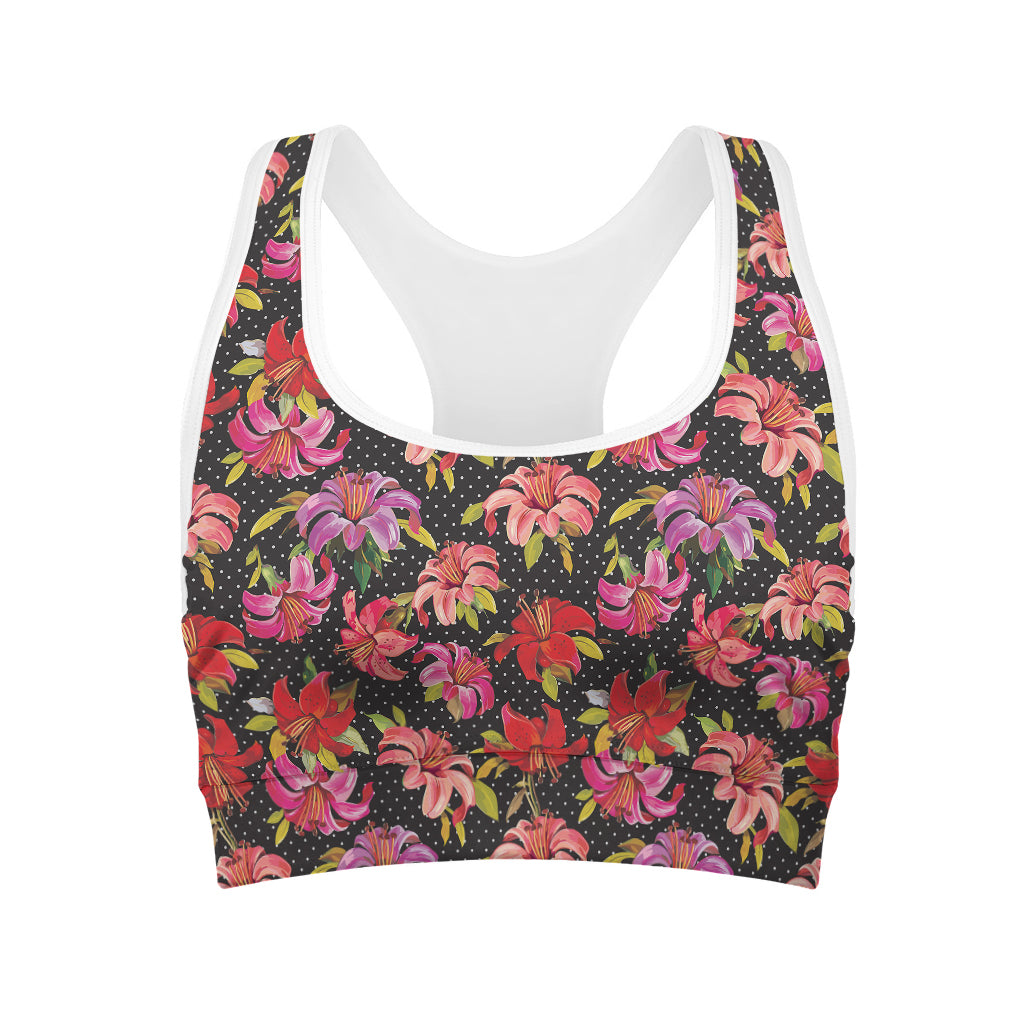 Polka Dot Lily Pattern Print Women's Sports Bra